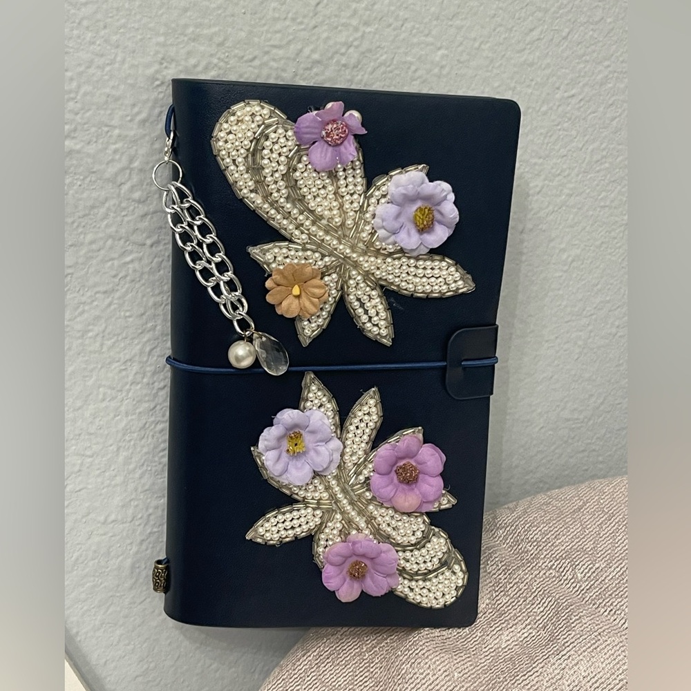 Handmade Navy Journal with Vintage Pearls